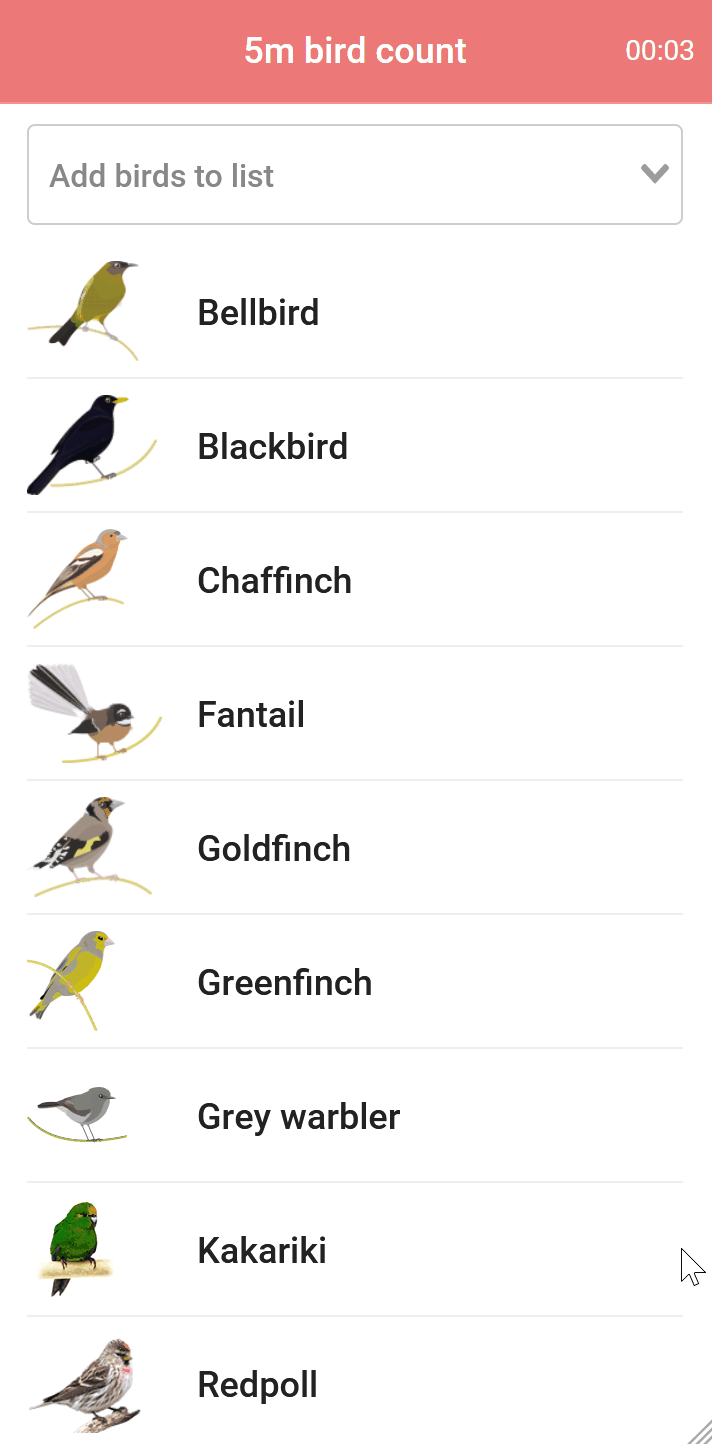 The main view of the app is populated with a preset list of bird species