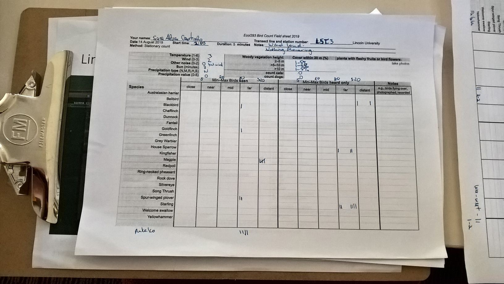 An example of a five-minute bird count done on paper