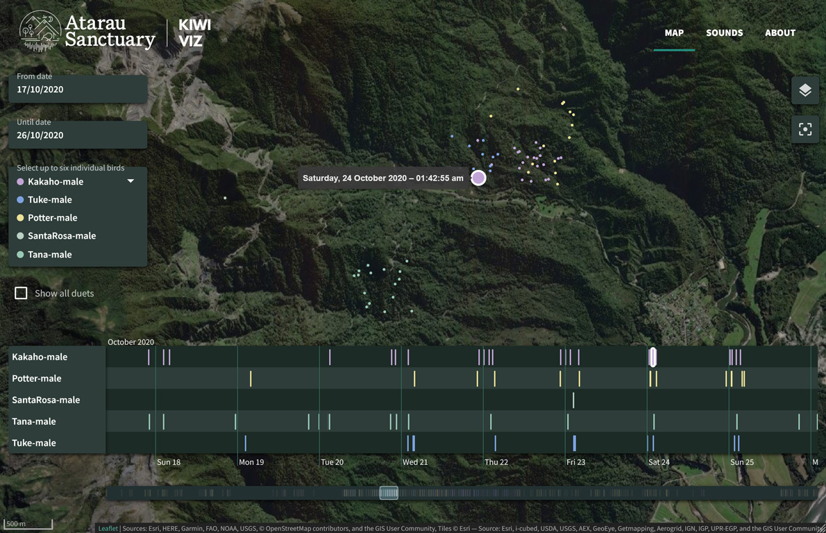 Map view of the visualisation, with a basemap set to terrain